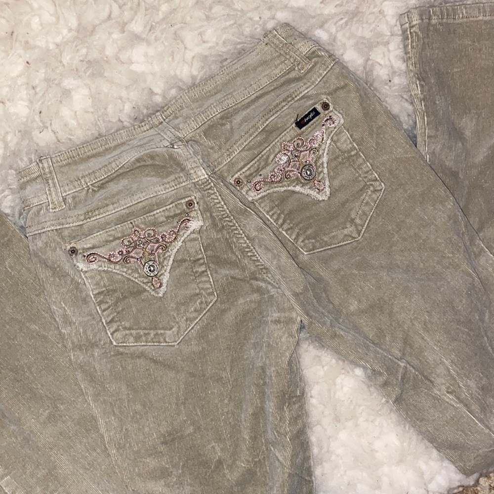 Y2K Angel Low Rise Jeans- Olive green with pink stitching on the pockets